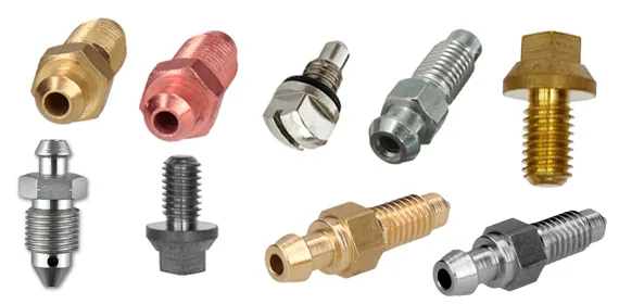 Sample bleeder screws inspected: brass, steel and plated variants