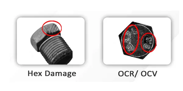Bolt defects the camera catches: hex damage and OCR/OCV marking check