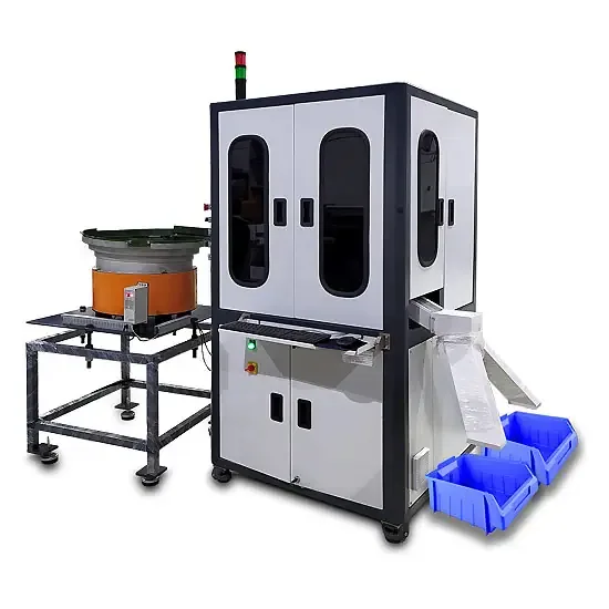 Conveyorised inspection and sorting machine — photograph with feeder and sorting bins
