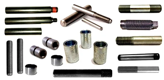 Sample parts inspected on the conveyorised machine: studs, shafts, bushes and threaded pins