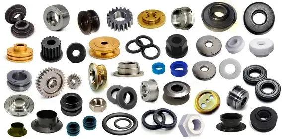 Sample parts inspected on the Double Disc machine: gears, bearings, washers and rubber parts