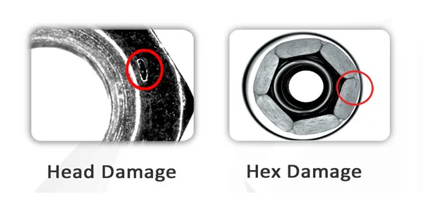 Nut defects the camera catches: head damage and hex damage