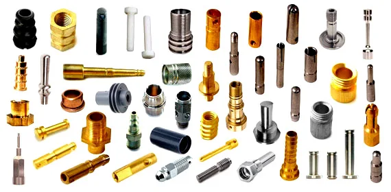 Sample turned parts measured on the Horizontal Visigauge: pins, bushes, fittings and precision machined components