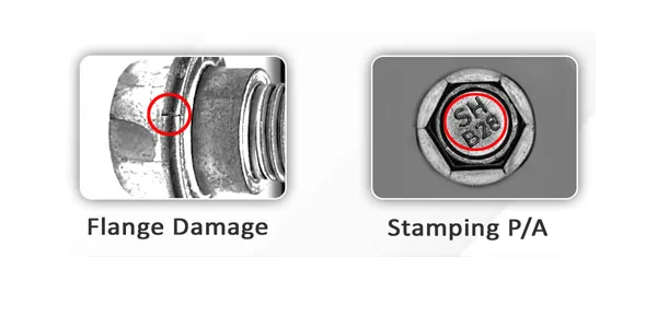 Fastener defects the camera catches: flange damage and stamping presence/absence