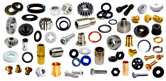 Sample parts inspected on the Nano Glass Disc: bolts, nuts, washers, gears and small turned parts