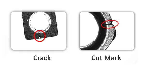 Nut defects the camera catches: crack and cut mark