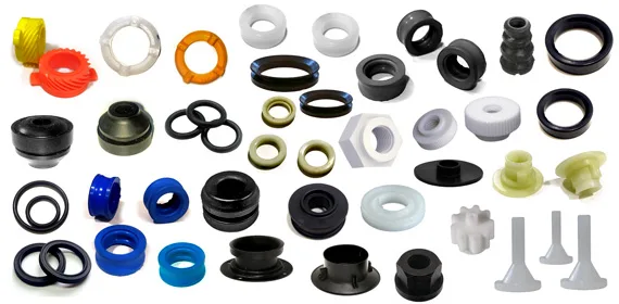 Sample moulded plastic and rubber parts inspected on the Glass Disc plastic-and-rubber configuration