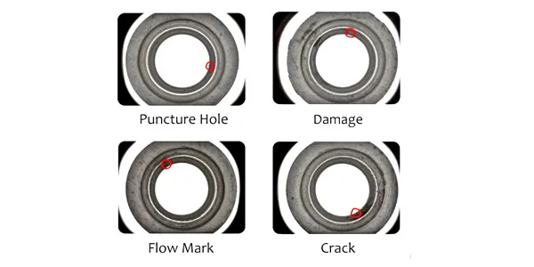 Moulded part defects the camera catches: puncture hole, damage, flow mark and crack
