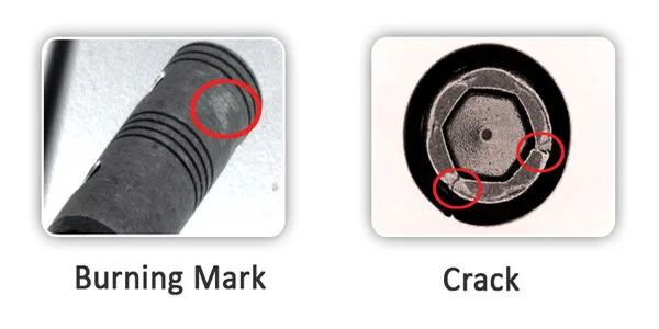 Precision-part defects the camera catches: burning mark and crack