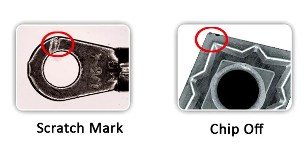 Precision-part defects the camera catches: scratch mark and chip off