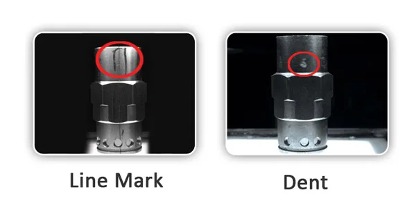 Precision-part defects the camera catches: line mark and dent