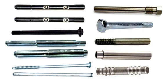 Sample long parts scanned on the Thru Scan machine: shafts, long bolts, threaded rods and studs
