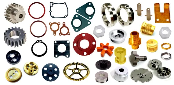 Sample parts measured on the Vertical Visigauge: gears, gaskets, stampings, circlips and pressed parts