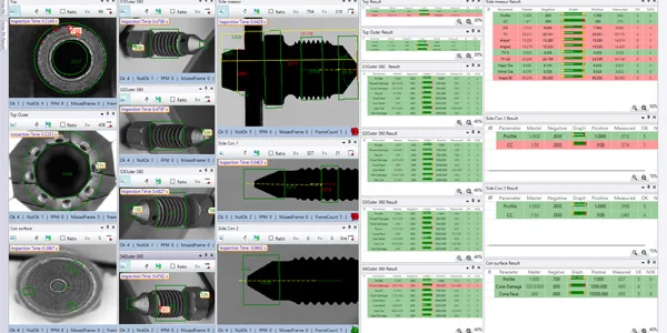 Bleeder screw inspection camera views: cone and cross-hole stations with their result tables