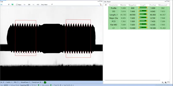 Conveyorised machine measurement result screen: part silhouette with the measured dimensions overlaid and the parameter table (master value, tolerance, measured value, OK / NOT-OK count) — a threaded stud
