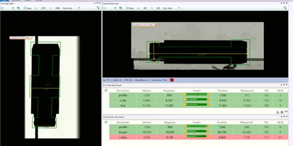 Conveyorised machine camera view: part silhouette with the measurement overlays — a dowel pin with its measured lengths