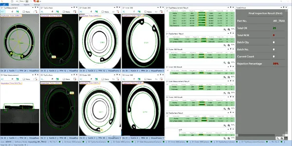 Double Disc measurement result screen: part silhouette with the measured dimensions overlaid and the parameter table (master value, tolerance, measured value, OK / NOT-OK count) — a stamped ring