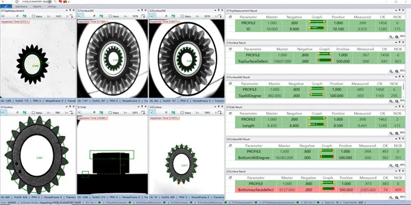 Double Disc camera views: gear-type parts imaged from both faces with their result tables