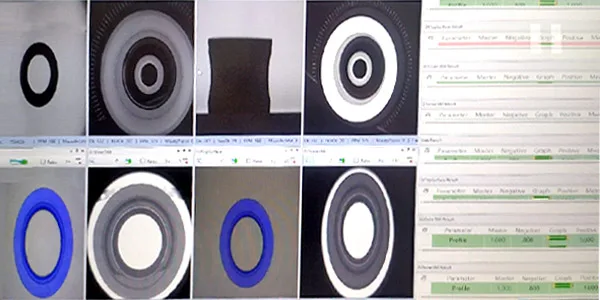 Plastic and rubber part inspection camera views: rings, seals and moulded parts with their measurement results