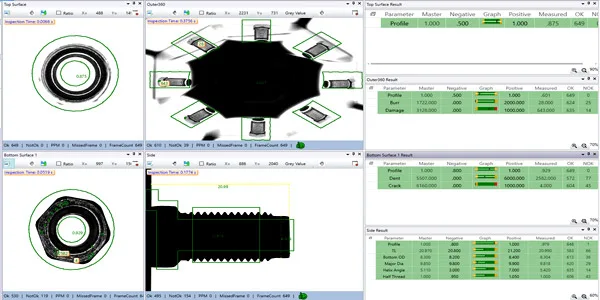 Glass Disc bolt inspection measurement result screen: part silhouette with the measured dimensions overlaid and the parameter table (master value, tolerance, measured value, OK / NOT-OK count)
