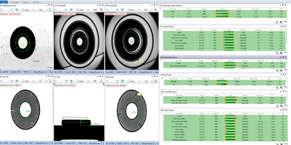 Glass Disc washer inspection measurement result screen: part silhouette with the measured dimensions overlaid and the parameter table (master value, tolerance, measured value, OK / NOT-OK count)