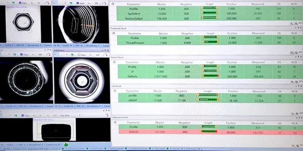 Glass Disc nut inspection measurement result screen: part silhouette with the measured dimensions overlaid and the parameter table (master value, tolerance, measured value, OK / NOT-OK count)