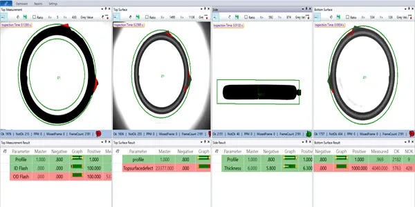 Glass Disc O-ring inspection measurement result screen: part silhouette with the measured dimensions overlaid and the parameter table (master value, tolerance, measured value, OK / NOT-OK count)