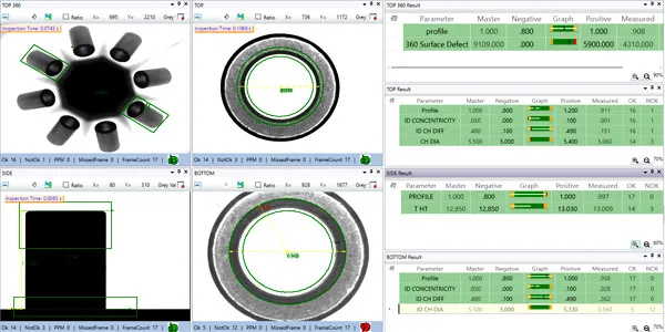 Glass Disc precision-part inspection measurement result screen: part silhouette with the measured dimensions overlaid and the parameter table (master value, tolerance, measured value, OK / NOT-OK count)
