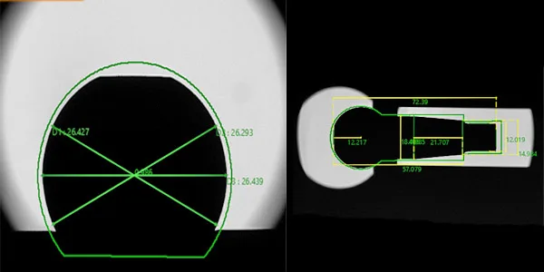 Metal Disc camera view: part silhouette with the measurement overlays — a screw with head diameter and shank marked