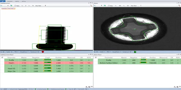 Nano Glass Disc measurement result screen: part silhouette with the measured dimensions overlaid and the parameter table (master value, tolerance, measured value, OK / NOT-OK count) — a turned part