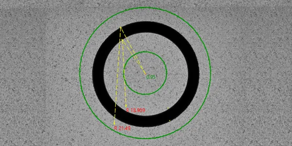 Nano Glass Disc camera view: part silhouette with the measurement overlays — an O-ring with concentric measurement circles