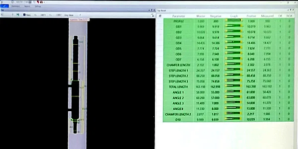 Thru Scan measurement result screen: part silhouette with the measured dimensions overlaid and the parameter table (master value, tolerance, measured value, OK / NOT-OK count) — a long shaft scanned end to end