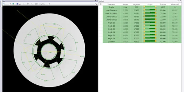 Vertical Visigauge measurement result screen: part silhouette with the measured dimensions overlaid and the parameter table (master value, tolerance, measured value, OK / NOT-OK count) — a gear-type pressed part